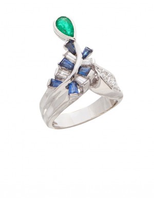 1.02ct Emerald & Blue Sapphire 18K Gold Diamond Ring