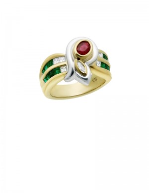 0.50ct Ruby 18K Gold Diamond Emerald Ring