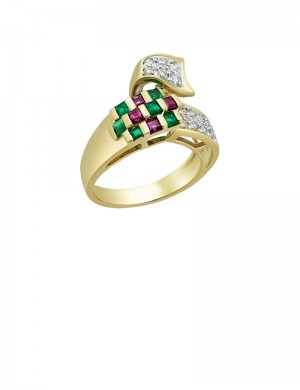 0.73ct Emerald & Ruby 18K Gold Diamond Ring