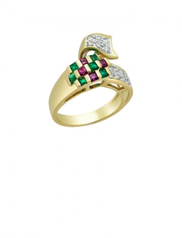 0.73ct Emerald & Ruby 18K Gold Diamond Ring