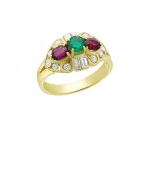 0.88ct Ruby Emerald 18K Gold Diamond Ring