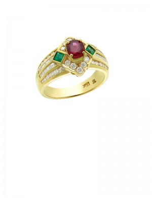 1.09ct Ruby & Emerald 18K Gold Diamond Ring